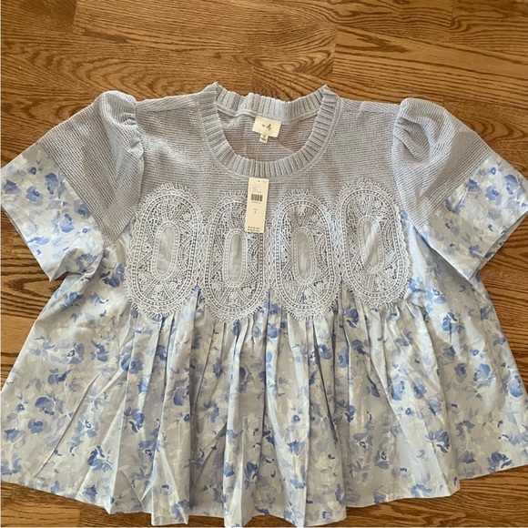 Anthropologie White and Blue Floral Lace Blouse - Picture 3 of 6